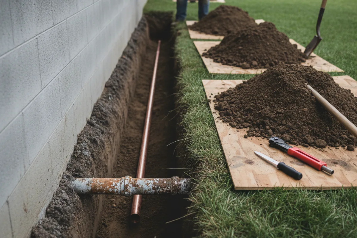 Excavated water line trench during Water Heater Repair in Greenwich